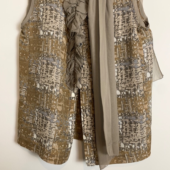 Tory Burch Green Brown Grey Ruffle Button Down Tie Neck Sleeveless Top Silk 0 - Picture 3 of 5